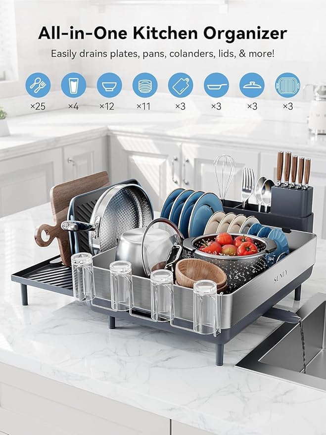 SUNLY Large Dish Drying Rack, Expandable Dish Racks for Kitchen Counter, Space Saving 304 Stainless Steel Drying Rack Kitchen, Extra Large Drainer with Multifunctional Flip Up Pegs, Gray - Image 7