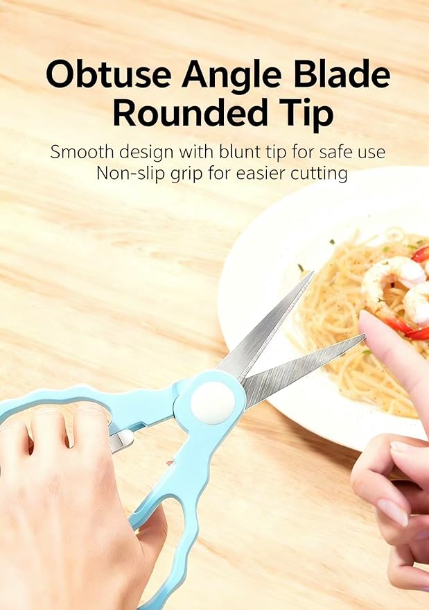 Baby Food Scissors with Travel Case, Portable Stainless Steel Shears with Safety Lock, Dishwasher Safe, Kitchen Scissors, Healthy Food Cutter with Dust Cover, Blue