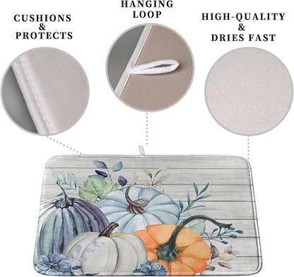 Fall Blue Orange Grey Pumpkin Kitchen Dish Drying Mat for Kitchen Counter 18x24 Inch Autumn Teal Flowers Drying Mat Thanksgiving Harvest Dish Drainer Mat Super Absorbent Dish Rack Pad for Coffee Bar - Image 3