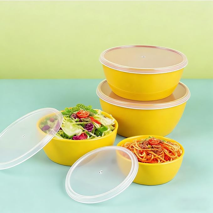4-Piece Classic Plastic Prep Bowls with Lids, Nesting Plastic Small Mixing Bowl Set for Mixing, Baking, Prepping, Cooking and Serving Food, Microwave and Dishwasher Safe (Yellow) - Image 4