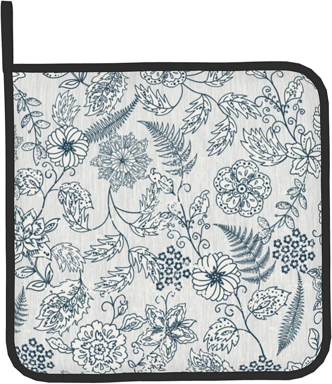 Blue Floral Oven Mitts Set – Vintage Pot Holders Kitchen Gloves for Women Teal Plant Kitchen Mitts Potholders Set of 2 for Cooking & Baking - Image 9