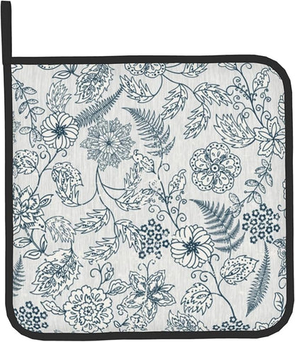Blue Floral Oven Mitts Set – Vintage Pot Holders Kitchen Gloves for Women Teal Plant Kitchen Mitts Potholders Set of 2 for Cooking & Baking - Image 9