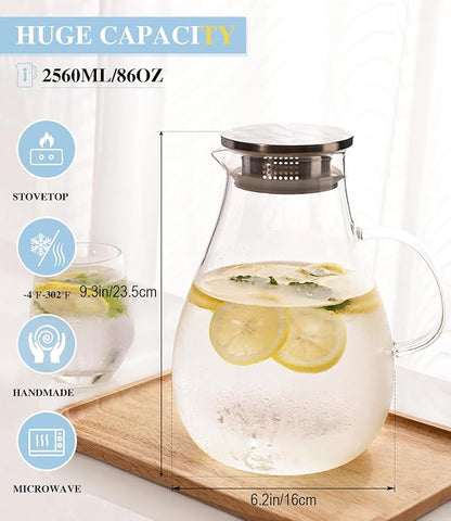 LUNA & MANTHA Glass Pitcher with Lid, 86oz Glass Water Pitcher, Large Hot Cold Water Jug, Borosilicate Drink Jug for Iced Tea, Sangria and Coffee Beverage Carafe with 2 Silicone Rings - Image 2