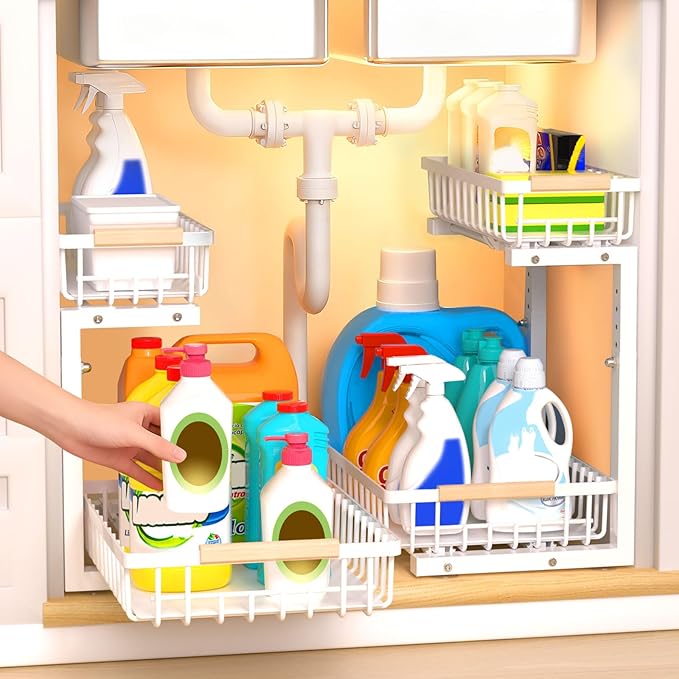 Under Sink Organizer, 2 Tier Pull Out Under-Sink Shelves, Adjustable Height (13.8" -16.9"), Sturdy Metal Storage Organizer for Bathroom Kitchen Pantry Cabinet (2 Packs, White) by Unknown