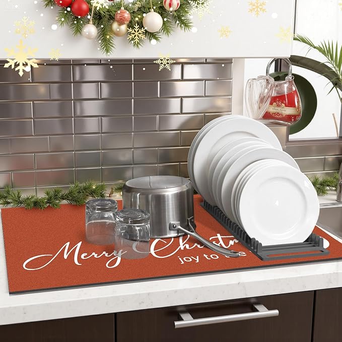 Findosom Christmas Dish Drying Mat, 12" x 20" Super Absorbent & Cuttable Dish Mat with Hello Sunshine Pattern, Hide Stain Drying Mat for Kitchen Counter Coffee Maker Dining Room Decoration, Red - Image 9