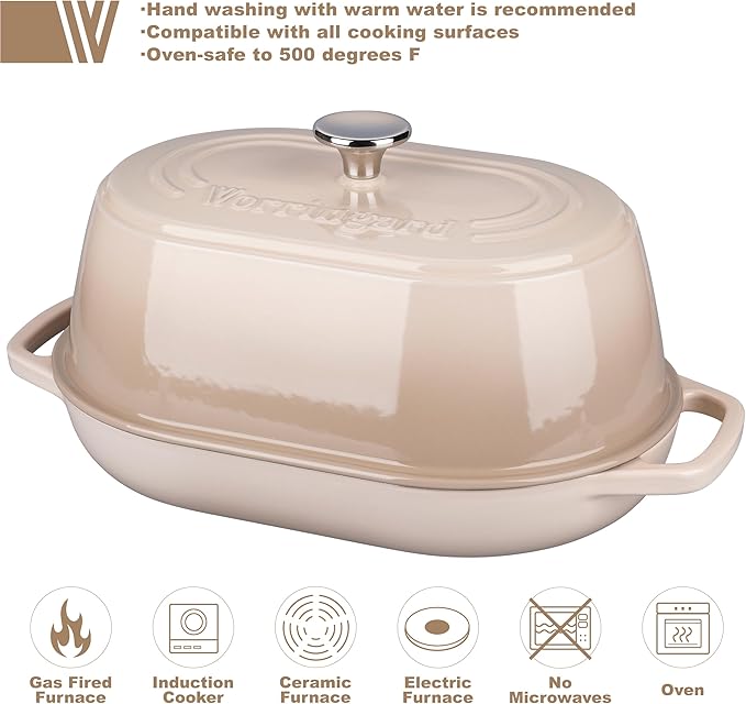 VORRINGARD Enameled Cast Iron Dutch Oven Pot with Dome Lid, Oval Bread Oven for Homemade Sourdough Bread Baking, Oven Safe up to 500°F, 6 Quart, Latte