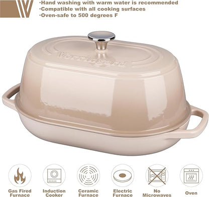 VORRINGARD Enameled Cast Iron Dutch Oven Pot with Dome Lid, Oval Bread Oven for Homemade Sourdough Bread Baking, Oven Safe up to 500°F, 6 Quart, Latte
