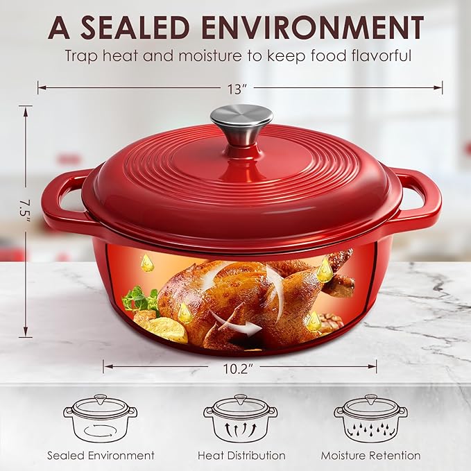 Enameled Cast Iron Dutch Oven Pot With Lid - AIVIKI 5QT Dutch Oven for Bread Baking With Cotton Potholders - Heavy-Duty Cookware for Braising, Stew, Roasting, Oven Safe up to 500°F, Red - Image 2