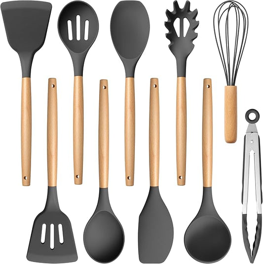 E-far Gray Silicone Cooking Utensils Set, 10-Piece Kitchen Utensils Set with Wooden Handle for Nonstick Cookware, Heat Resistant Kitchen Nonstick Tools Spatula Whisk Tongs Ladle, Non-toxic & Healthy by E-far