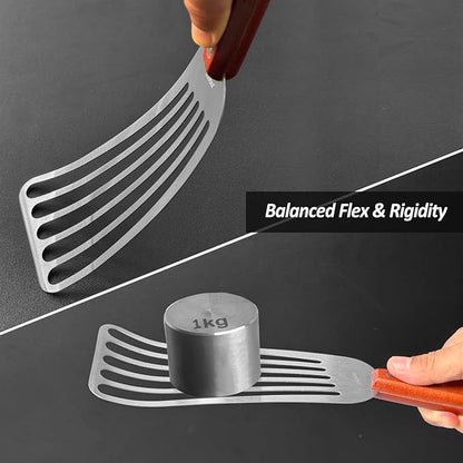 2 Pack Fish Spatula Turner, Stainless Steel Slotted Spatulas for Flipping, Turning, Frying & Grilling, 3"x6"+4"x8" Metal Slotted Spatulas, Wooden Full Tang Handle & Curved Blade - Image 8