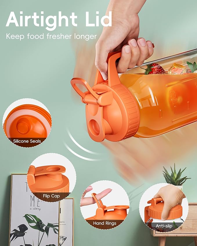 Glass Pitcher with Airtight Lid and Spout, 64oz Mason Jar Pitcher - Wide Mouth, Leakproof Water Jug for Juice, Sun Iced Tea, Cold Brew Coffee, Milk Storage, Orange - Image 3