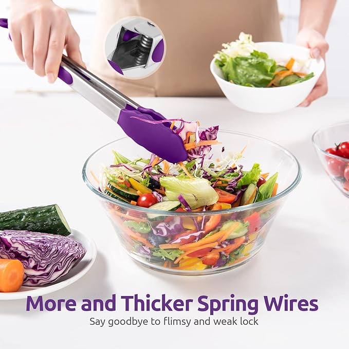 600ºF Heat Resistant Kitchen Tongs: U-Taste 12 inch Large Silicone Cooking Tong with Sturdy Non Stick Rubber Tips & Silicon Coated 18/8 Stainless Steel Handle & Smooth Locking for Serving Grill-Purple - Image 8