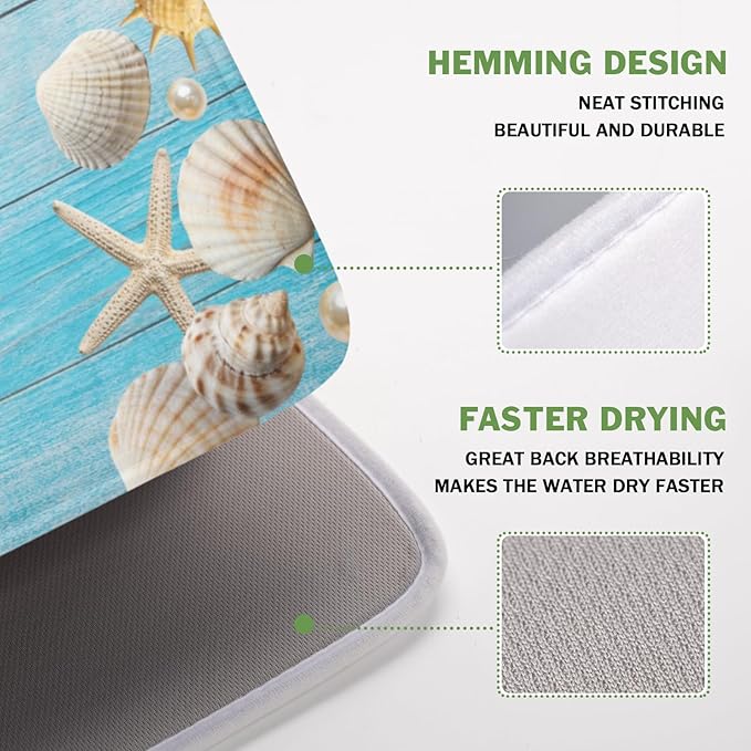 Summer Coastal Dish Drying Mat for Kitchen Counter Seashell Starfish Blue Wooden Board Microfiber Dish Drainer Mat Ocean Nautical Absorbent Washable Drying Pad Extra Large 16"x18"