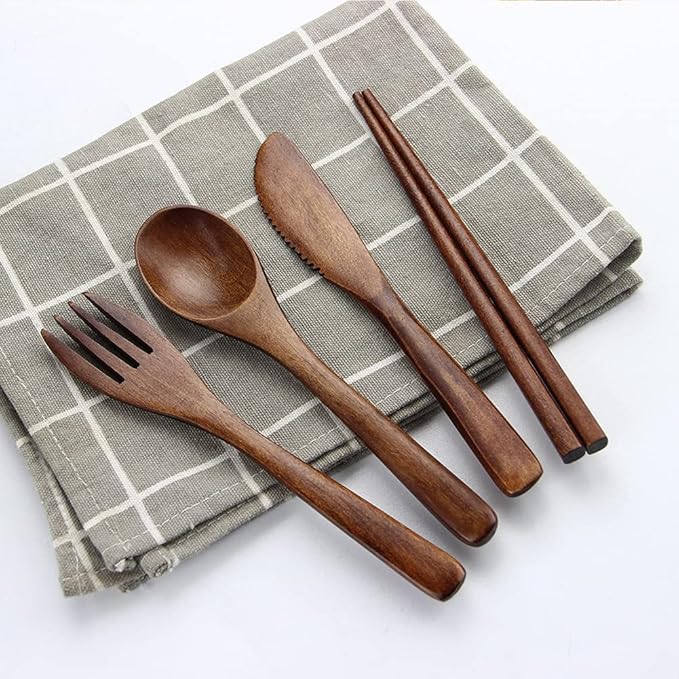 Portable Wooden Cutlery Set for Travel and Camping - 4 Piece Set With Reusable Wooden Spoon, Fork, Knife and Chopsticks - Image 4