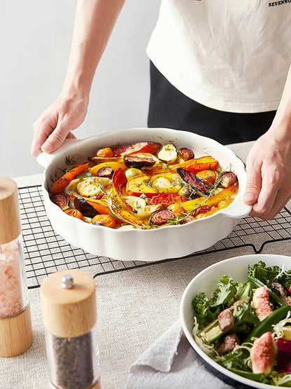 Samsle Ceramic Pie Pan For Baking,13Inch Round Baking Dish With Double Handle,Pie Plate With Ruffled Edge-Microwave, Dishwasher, and Oven Safe