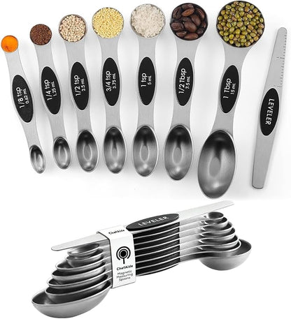 ChefAide Pack of 8 Stainless Steel Magnetic Measuring Spoons Set, Dual Sided, Stackable, Adjustable Teaspoon and Tablespoon Measure Spoon with Leveler, Kitchen Gadgets Set 5 by ChefAide