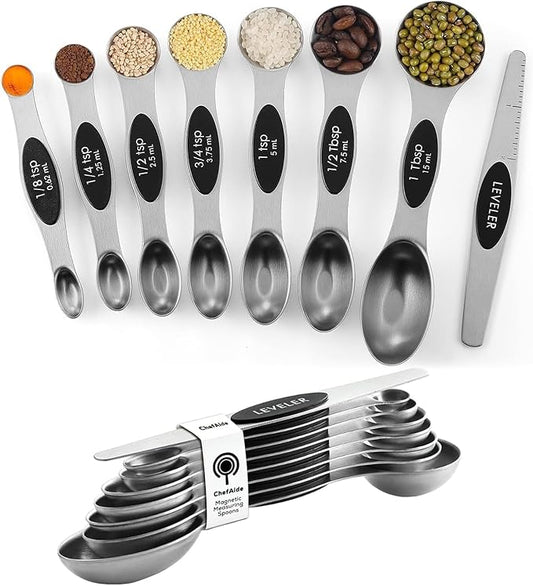 ChefAide Pack of 8 Stainless Steel Magnetic Measuring Spoons Set, Dual Sided, Stackable, Adjustable Teaspoon and Tablespoon Measure Spoon with Leveler, Kitchen Gadgets Set 5 by ChefAide