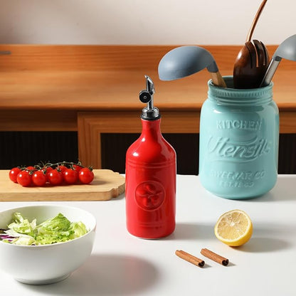 Sweejar 16 Oz Ceramic Olive Oil Dispenser Bottle, Oil Dispenser for Kitchen with Gravity Spout, Relief Opaque Oil Container for Evoo, Avocado Oil, Vinegar, Soy Sauce, 1 Pack(Red, Silver Spout) - Image 2