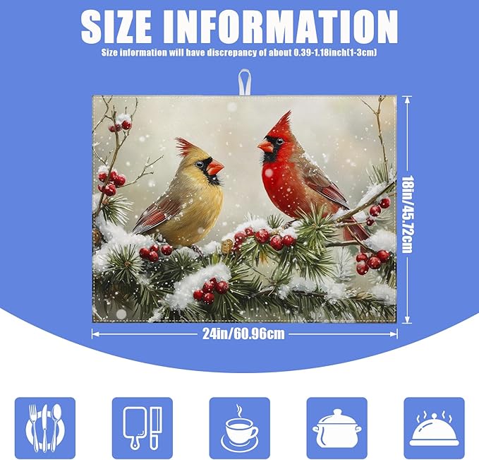 Winter Cardinal Bird Dish Drying Mat for Kitchen Counter Snow Drying Pad Absorbent Reversible Dish Drainer Rack Mats Draining Pad 18"x24"Inch - Image 2