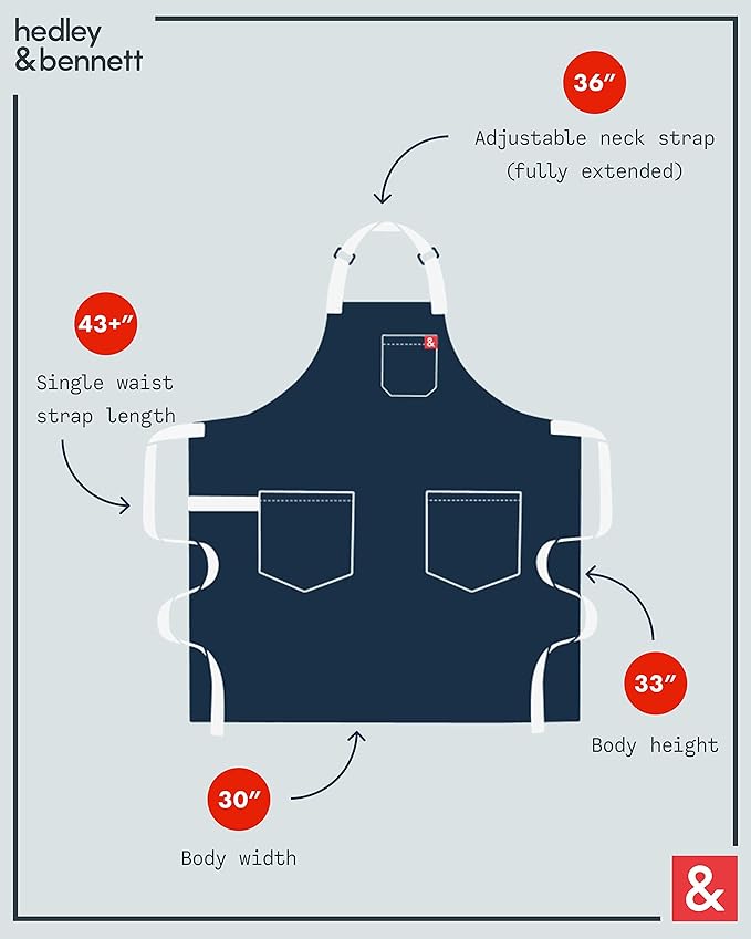 hedley & bennett Essential Apron - Professional Chef Apron with Pockets & Adjustable Bib Strap for Cooking & Grilling