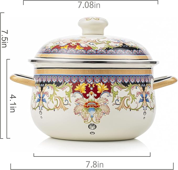 Retro Flower Enamel Stockpot with Lid,Stockpots for Cooking,Vintage Floral Stew Bean Simmer Pot with Handle, Kitchen Soup Pot, Safe for Induction Cookers, Gas Stove(Ivory-2.5QT)