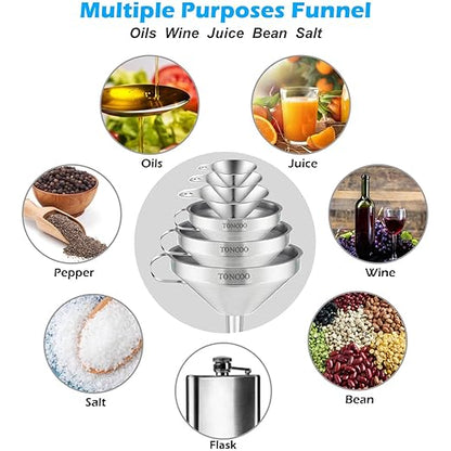Toncoo 6 Pack Stainless Steel Funnels for Kitchen Use, Food Grade Cooking Funnel with 3 Strainer, Kitchen Funnel Set Metal Funnels for Filling Bottles