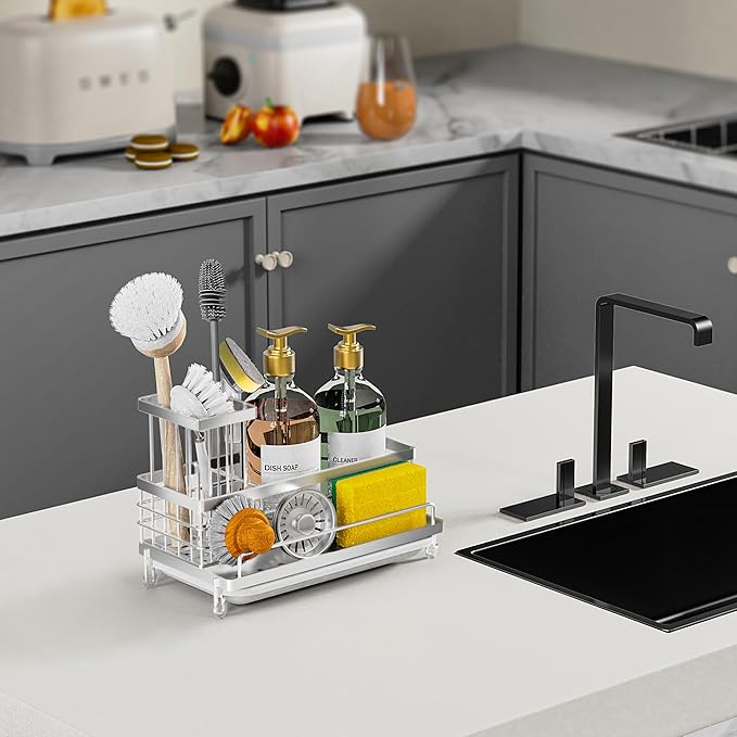 Cisily Stainless Steel Kitchen Sink Caddy Organizer, Sponge Holder for Sink Rustproof, Non-Slip Soap Dish Dispenser Brush Holder Storage, Home & Kitchen Essentials Accessories - Image 5