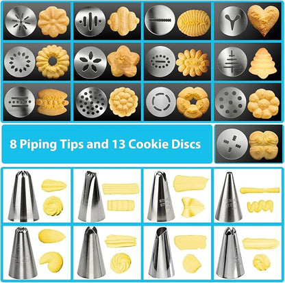 Stainless Steel Cookies Press,Cookie Press Gun Kit with 13 Cookie Discs and 8 Piping Tips for DIY Various Cookies Maker - Image 3