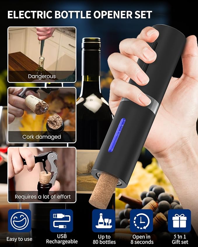 CIRCLE JOY Electric Wine Bottle Opener Set Rechargeable Wine Corkscrew Cordless Wine Set with Charging Base, Foil Cutter, Wine Aerator Pourer and Wine Stopper, Black - Image 2
