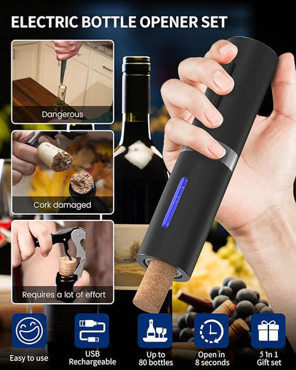 CIRCLE JOY Electric Wine Bottle Opener Set Rechargeable Wine Corkscrew Cordless Wine Set with Charging Base, Foil Cutter, Wine Aerator Pourer and Wine Stopper, Black - Image 2