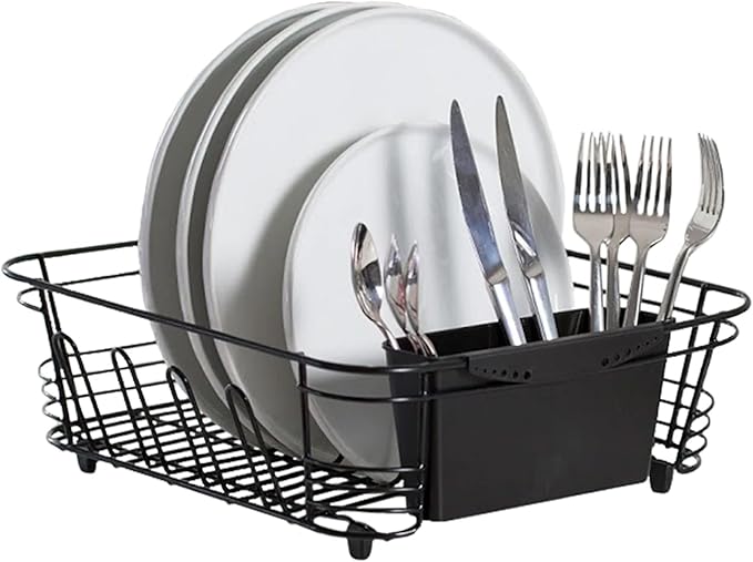 Better Houseware in Sink Dish Drying Rack, Dish Drying Rack in Sink with Non-Slip Handles, Stainless Steel Space-Saving Design, 2-Piece Set with Utensil Holder, 14.5 x 13 x 5 Inch, Black by BetterHouseware