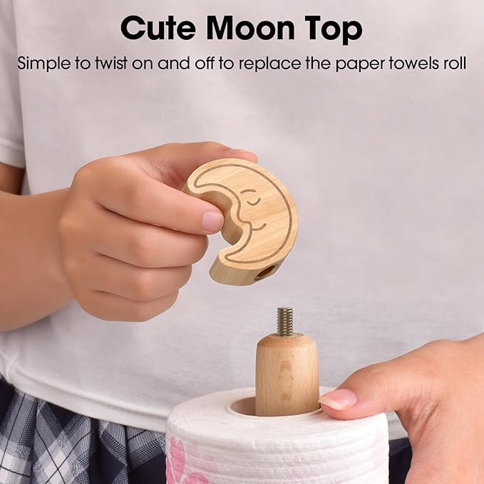 KitchLife Cute Wooden Paper Towel Holder Countertop - Solid Freestanding Paper Towel Dispenser Stand Organizer with Anti-Skid Base (Moon) - Image 5