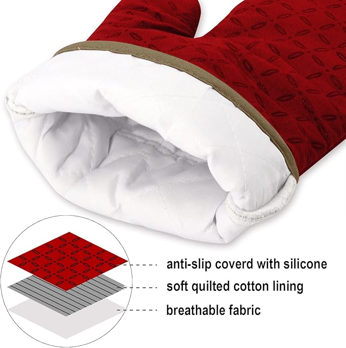 KEGOUU Oven Mitts and Pot Holders 6pcs Set, Kitchen Oven Glove High Heat Resistant 500 Degree Extra Long Oven Mitts and Potholder with Non-Slip Silicone Surface for Cooking (Red) - Image 3
