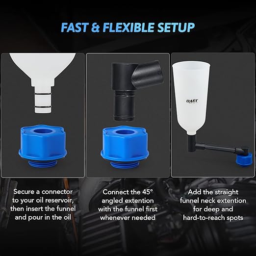 Orion Motor Tech 2 qt Engine Oil Funnel Set with Flexible Extension & 8 Adapters, Spill Free Large Funnel for Automotive Use- Compatible with Toyota Jeep Mazda Ford Dodge and More