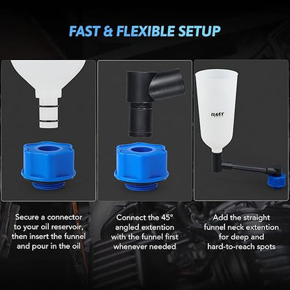 Orion Motor Tech 2 qt Engine Oil Funnel Set with Flexible Extension & 8 Adapters, Spill Free Large Funnel for Automotive Use- Compatible with Toyota Jeep Mazda Ford Dodge and More