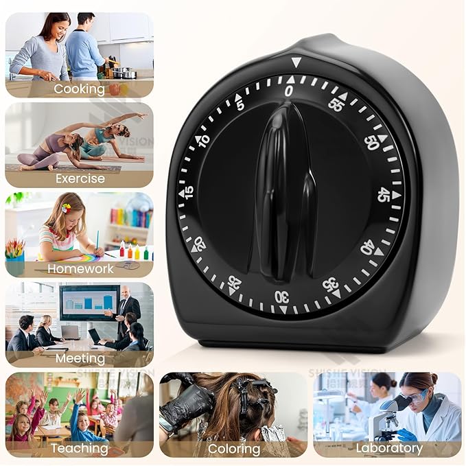 Kitchen Timers for Cooking, 60 Minute Wind Up - Chef Cooking Timer with Loud Alarm,100% Mechanical Desk Timer -No Batteries Required - Manual Countdown timers for Home, Study and Cooking (Black) - Image 3