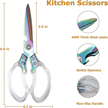 AWinjoy Kitchen Scissors, Heavy Duty Sharp Kitchen Shears, Stainless Steel & Aluminum, Transparent, Serrated Edge, Day Style, 1 Count - Image 3