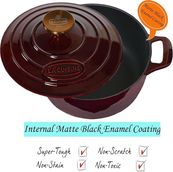 La Cuisine Enameled Cast Iron Dutch Oven Casserole Pot with Lid 6.5 QT 11" /28cm Dia. Internal Matt Black Enamel Coating Gold-Plated SS Lid Handle Oven Safe up to 500° F for bread baking, Cranberry