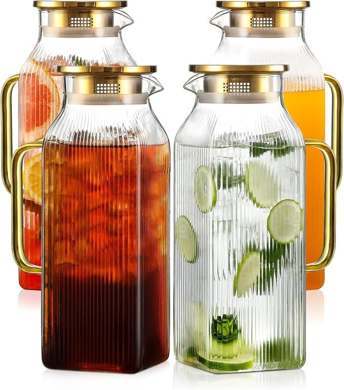 4 Pack 2 Liter/68 oz Square Glass Pitcher with Lid, Classic Stripes Water Pitchers with Handle for Fridge, Large Jug for Iced Tea, Coffee, Borosilicate Glass Carafe for Hot/Cold Brew Drink, Gold by Unknown