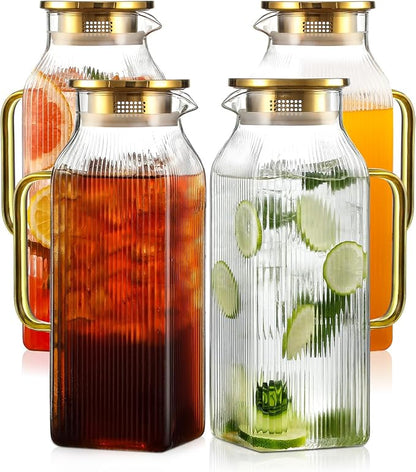 4 Pack 2 Liter/68 oz Square Glass Pitcher with Lid, Classic Stripes Water Pitchers with Handle for Fridge, Large Jug for Iced Tea, Coffee, Borosilicate Glass Carafe for Hot/Cold Brew Drink, Gold by Unknown