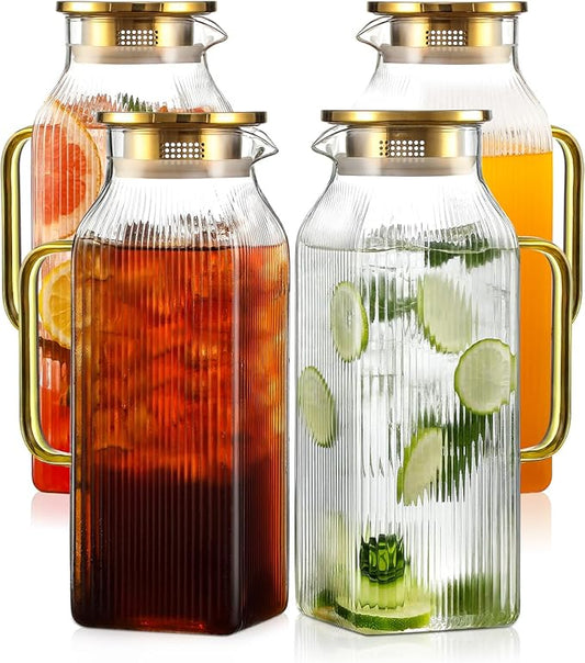 4 Pack 2 Liter/68 oz Square Glass Pitcher with Lid, Classic Stripes Water Pitchers with Handle for Fridge, Large Jug for Iced Tea, Coffee, Borosilicate Glass Carafe for Hot/Cold Brew Drink, Gold by Unknown