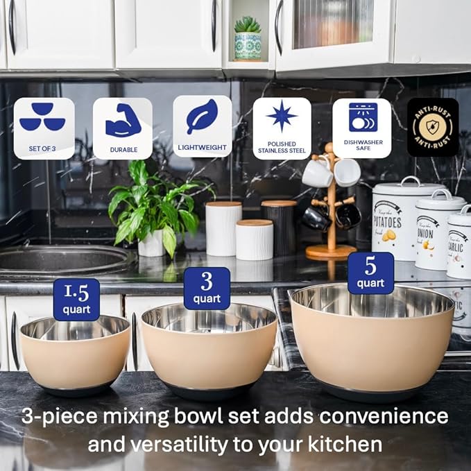 WHYSKO Stainless Steel Mixing Bowls Set of 3 with Non-Slip Silicone Base, Nesting Metal Bowls for Meal Prep, Baking, Cooking & Food Storage, Dishwasher Safe Kitchen Mixing Bowls, Tan - Image 2
