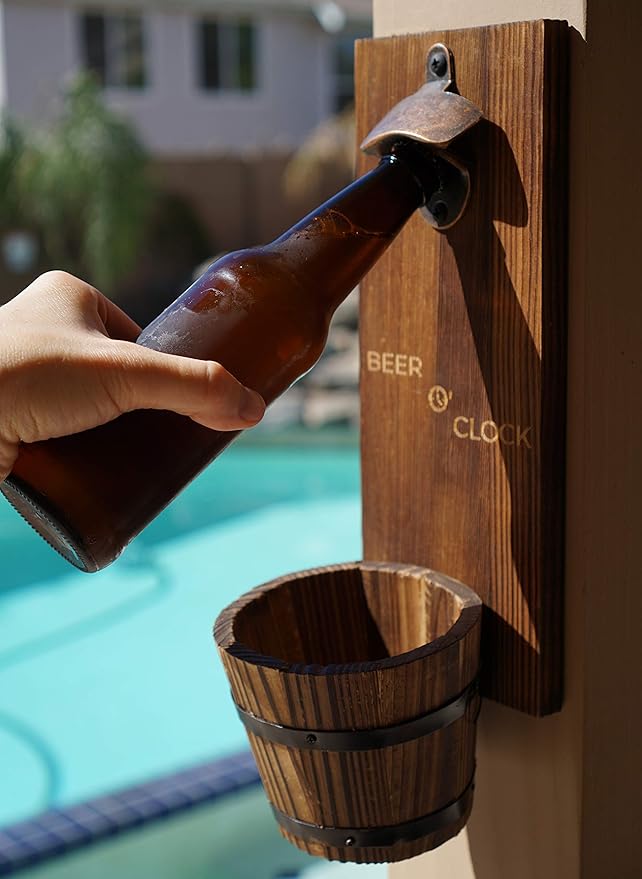 “Beer O’ Clock” Rustic Wall Mounted Bottle Opener and Catcher - Dark Stain Pine with Zinc Alloy Opener - Removable Wooden Bucket - Man (or Woman) Cave Ready - Image 2