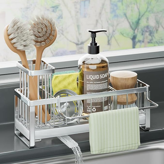HapiRm Sponge Holder for Kitchen Sink - Self-draining Sink Caddy with Brush Holder and Dishcloth Holder, Stainless Steel Kitchen Organizer - Silver by HapiRm