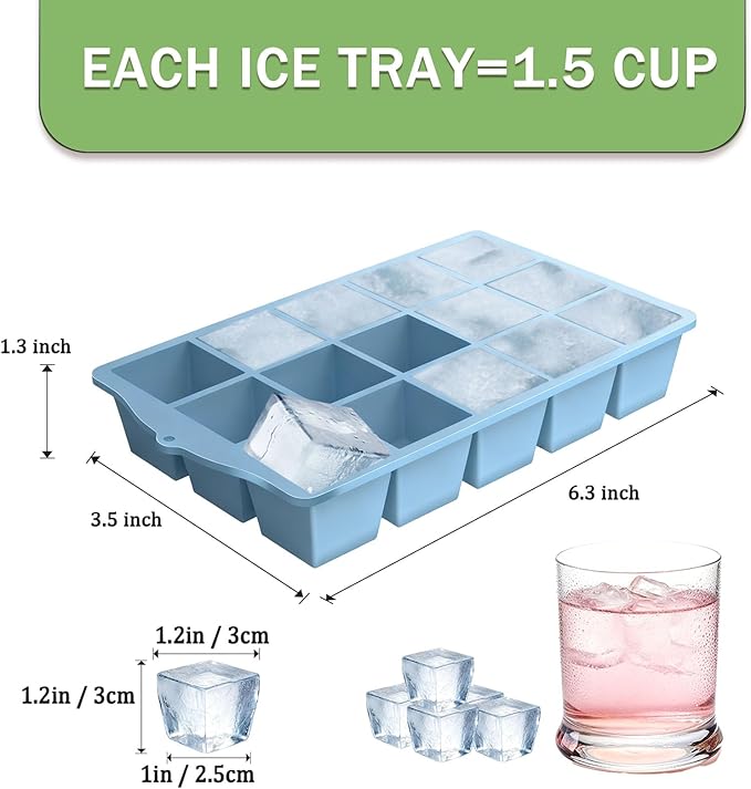 Ice Cube Trays for Freezer, 3 Pack Easy Release Slicone Ice Cube Tray with Lid, BPA Free Stackable Flexible Ice Mold 15 Square Reusable Ice Cubes for Whiskey, Baby Food, Ice Coffee (Pink+Blue+Green) - Image 2