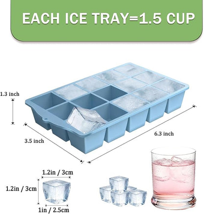 Ice Cube Trays for Freezer, 3 Pack Easy Release Slicone Ice Cube Tray with Lid, BPA Free Stackable Flexible Ice Mold 15 Square Reusable Ice Cubes for Whiskey, Baby Food, Ice Coffee (Pink+Blue+Green) - Image 2