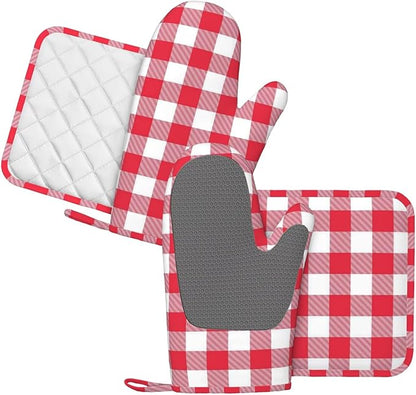 Red and White Checkered Oven Mitts and Pot Holders Set, 4pcs Red and White Plaid Silicone Oven Glove for Kitchen Heat Resistant Oven Mitts and Potholders Non-Slip for Cooking
