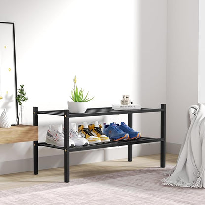 ROMGUAR CRAFT 2 Tier Bamboo Shoe Rack for Closet Free Standing Wood Shoe Shelf for Entryway Small Space Stackable 27"x11"x13" (Black) - Image 7
