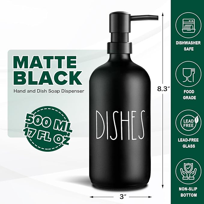 VIMERPA Hand and Dish Soap Dispenser Set, Matte Black Hands Dishes Soap Dispenser Set for Kitchen, 2 Pack Glass Soap Dispensers Set with Plastic Pump, 17 Fl Oz Refillable Liquid Soap Bottles - Image 3