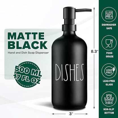 VIMERPA Hand and Dish Soap Dispenser Set, Matte Black Hands Dishes Soap Dispenser Set for Kitchen, 2 Pack Glass Soap Dispensers Set with Plastic Pump, 17 Fl Oz Refillable Liquid Soap Bottles - Image 3